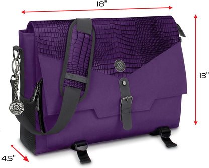 Player's Essentials DnD-Tasche, Sammleredition - Umhängetasche aus Drachenhaut für 2–4 Bücher, Ordner, Würfel und Zubehör, mit 17-Zoll-Laptop-Steckplatz, Battlemap-Riemen (Drachen Lila
