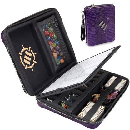 Collector's Edition RPG Organizer Case - DnD Binder with Built-in Character Sheet Holder and Erasable Scribe Panel, Dice Rolling Area, Removable Pen Pouch, Miniature Foam Tray (Dragon Purple