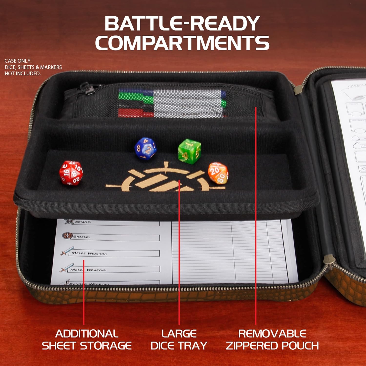 ENHANCE Collector's Edition RPG Organizer Case - DnD Binder with Built-in Character Sheet Holder and Erasable Scribe Panel, Dice Rolling Area, Removable Pen Pouch, Miniature Foam Tray (Dragon Brown