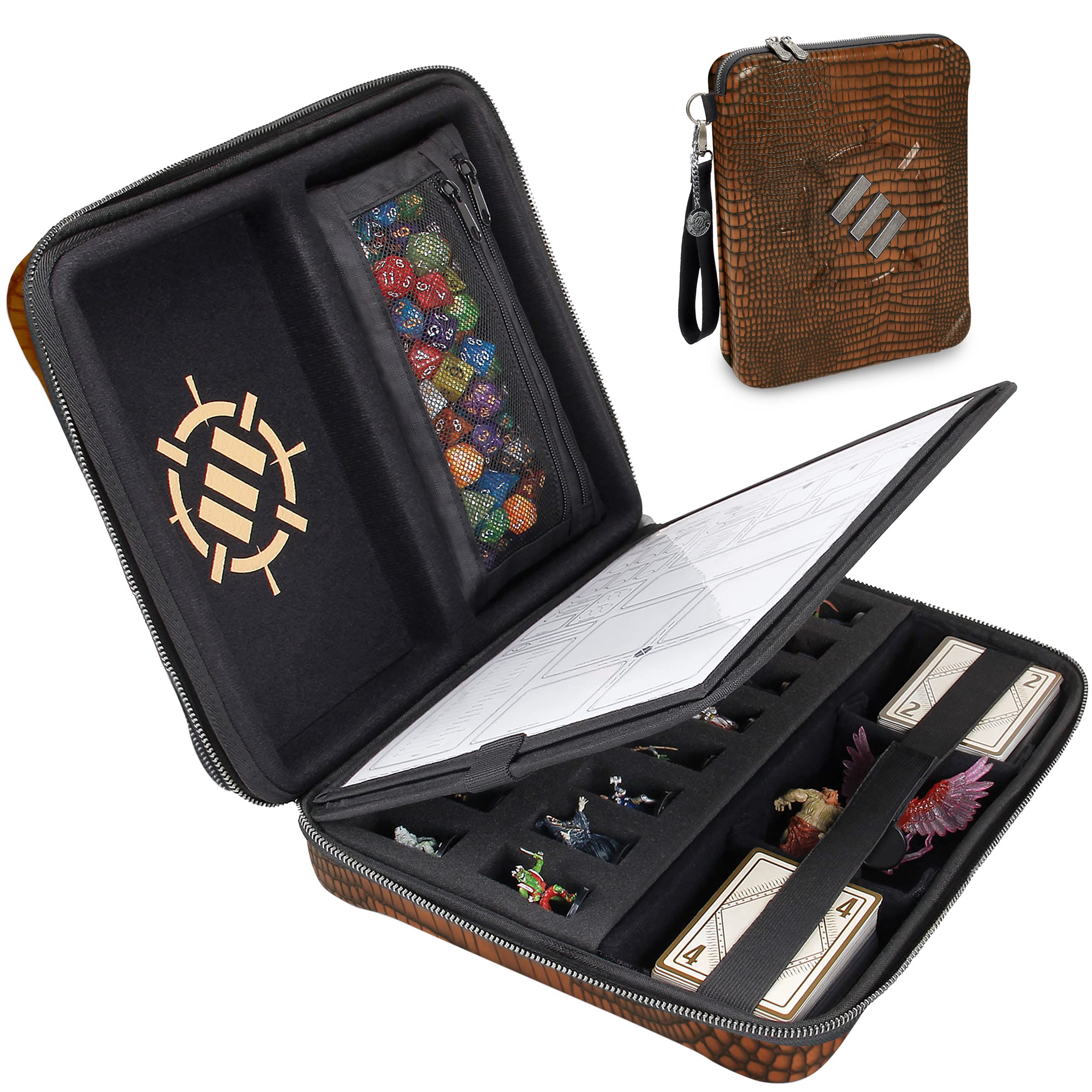 ENHANCE Collector's Edition RPG Organizer Case - DnD Binder with Built-in Character Sheet Holder and Erasable Scribe Panel, Dice Rolling Area, Removable Pen Pouch, Miniature Foam Tray (Dragon Brown