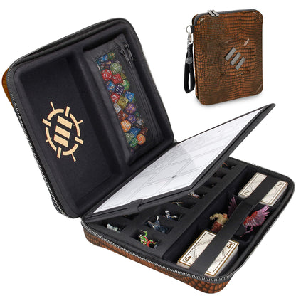 ENHANCE Collector's Edition RPG Organizer Case - DnD Binder with Built-in Character Sheet Holder and Erasable Scribe Panel, Dice Rolling Area, Removable Pen Pouch, Miniature Foam Tray (Dragon Brown