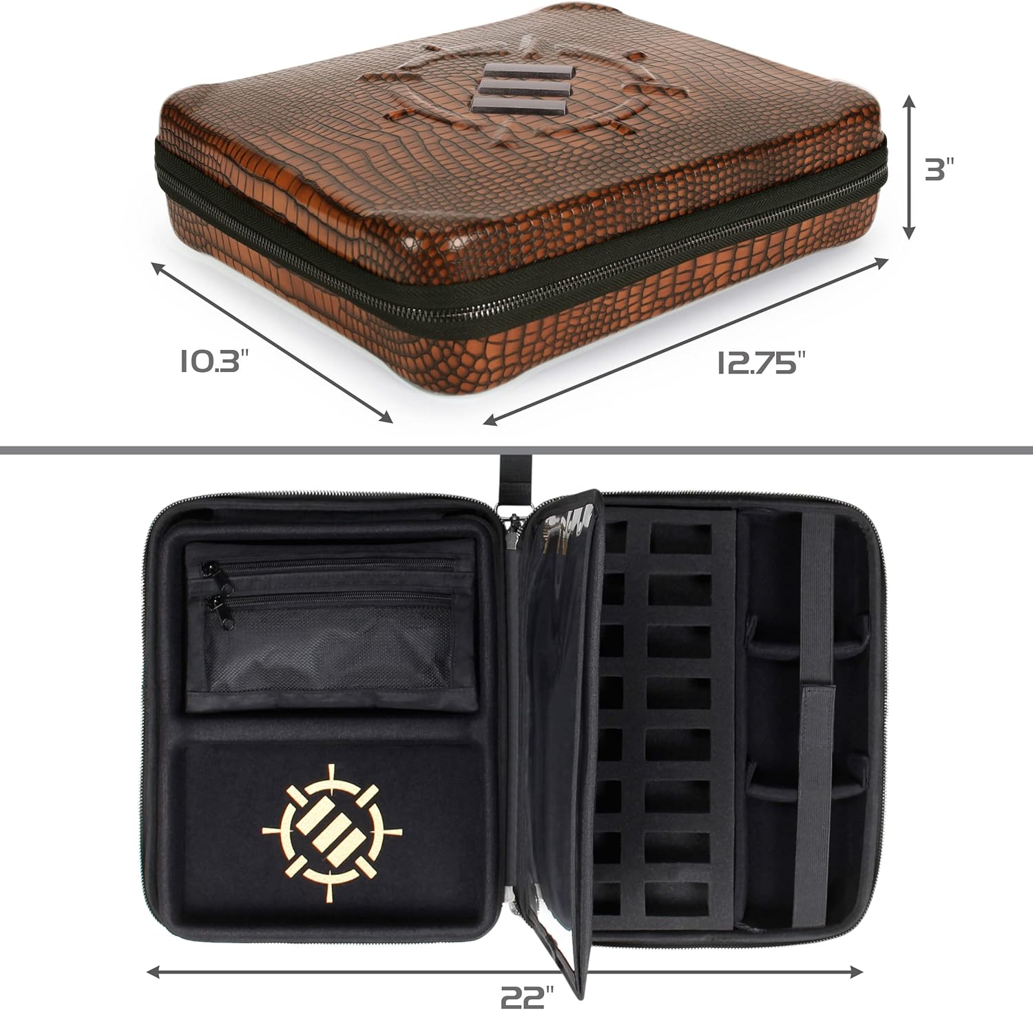 ENHANCE Collector's Edition RPG Organizer Case - DnD Binder with Built-in Character Sheet Holder and Erasable Scribe Panel, Dice Rolling Area, Removable Pen Pouch, Miniature Foam Tray (Dragon Brown