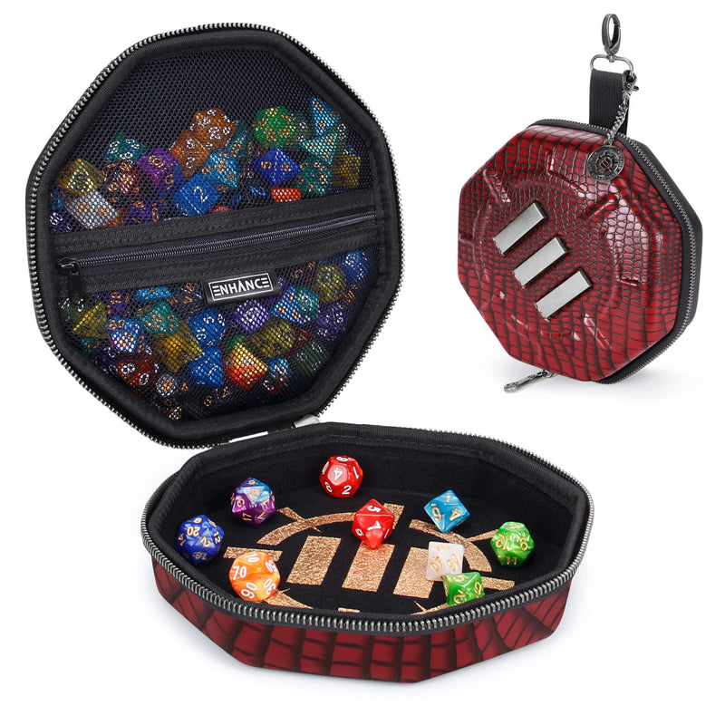 ENHANCE DnD Dice Tray and Case - Collector's Edition DnD Dice Holder up to 150 D&D Shakers with Hard Shell Exterior and Protective Soft Interior - Rolling Tray Perfect for Game Night (Dragon Red