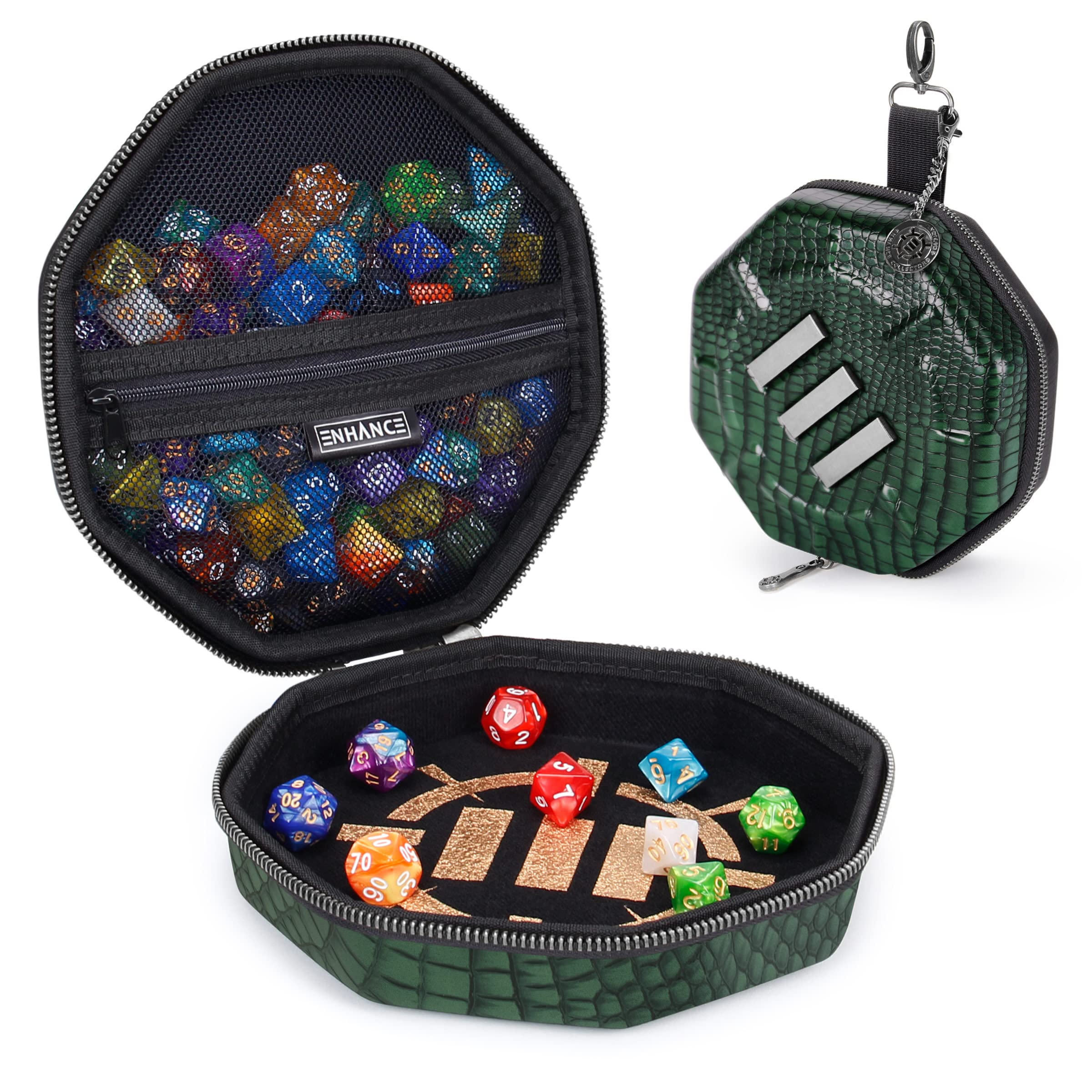 ENHANCE DND Dice Tray and Case - Collector's Edition DND Dice Holder up to 150 D&D Shakers with Hard Shell Exterior and Protective Soft Interior - Rolling Tray Perfect for Game Night (Dragon Green