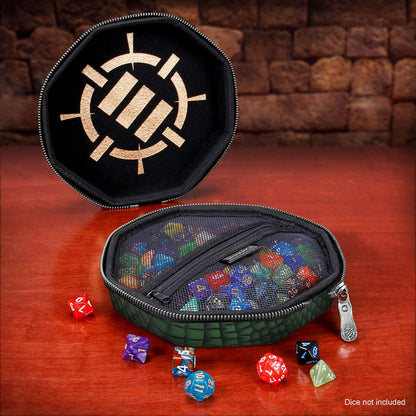 ENHANCE DND Dice Tray and Case - Collector's Edition DND Dice Holder up to 150 D&D Shakers with Hard Shell Exterior and Protective Soft Interior - Rolling Tray Perfect for Game Night (Dragon Green