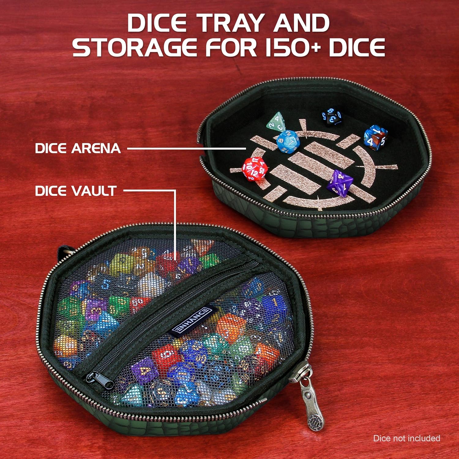 ENHANCE DND Dice Tray and Case - Collector's Edition DND Dice Holder up to 150 D&D Shakers with Hard Shell Exterior and Protective Soft Interior - Rolling Tray Perfect for Game Night (Dragon Green