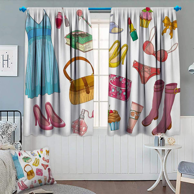 Chaneyhouse Heels and Dresses Room Darkening Curtains Fashionable Girlish Items Cartoon Style Cosmetics Boots Cupcakes Lipstick Decor Curtains by 72" W x 45" L Multicolor