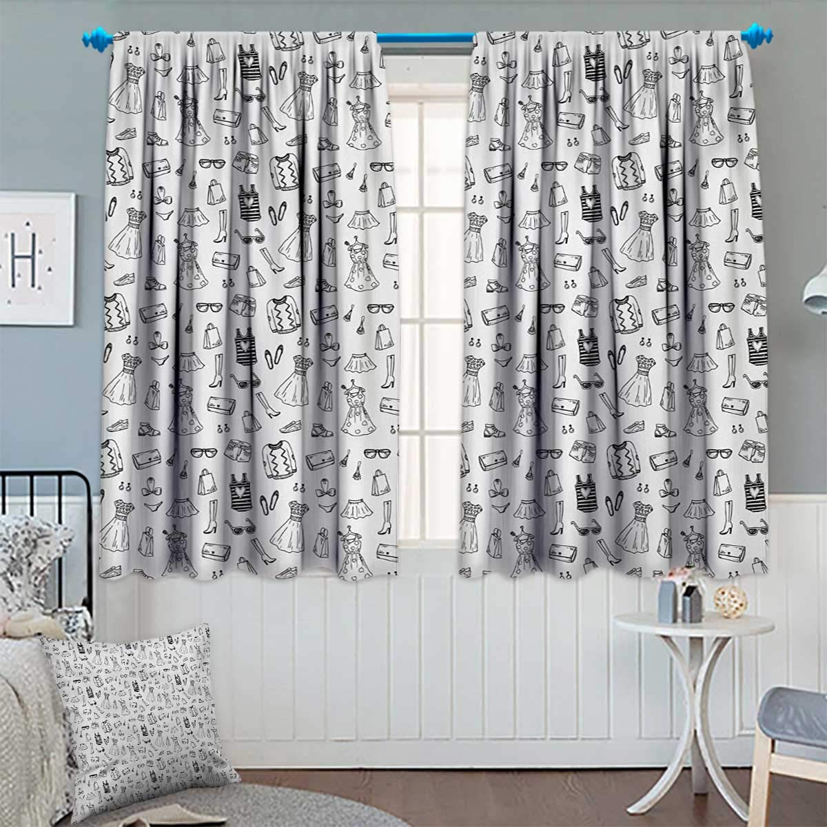 Heels and Dresses Thermal Insulating Blackout Curtain Female Fashion Themed Pattern Sketch Cartoon Style Doodle Garments Patterned Drape for Glass Door 63" W x 72" L Black and White