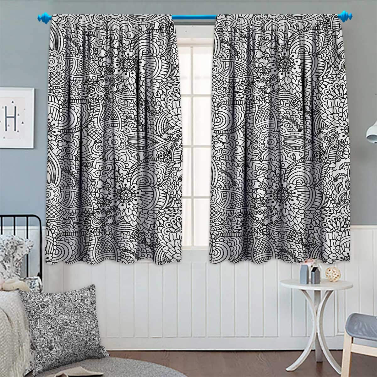 Chaneyhouse Henna Window Curtain Fabric Monochrome Design Ethnic Cultural Pattern Intricate Mehendi Swirls Asian Leaves Drapes for Living Room 55" W x 45" L Black White