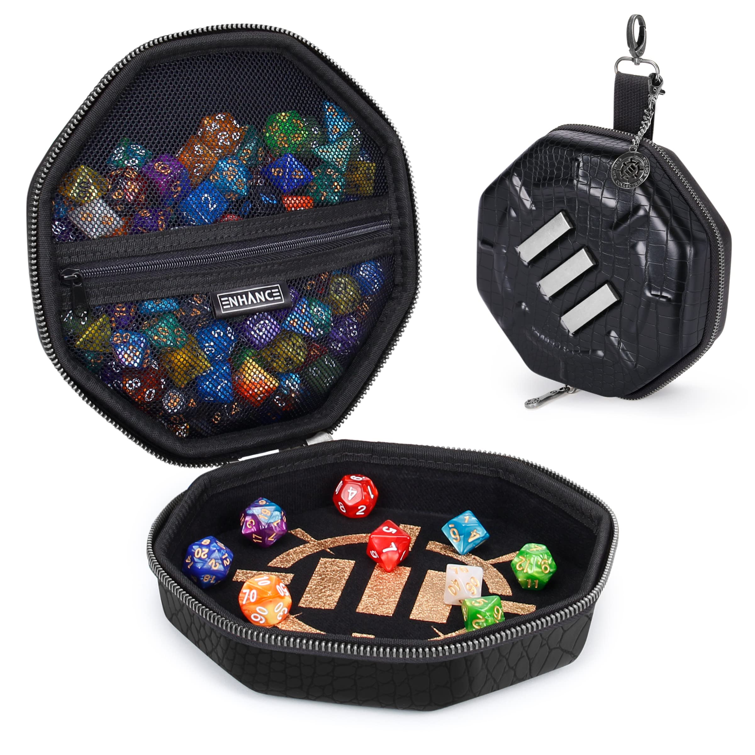 ENHANCE DnD Dice Tray and Case - Collector's Edition DnD Dice Holder up to 150 D&D Shakers with Hard Shell Exterior and Protective Soft Interior - Rolling Tray Perfect for Game Night (Dragon Black