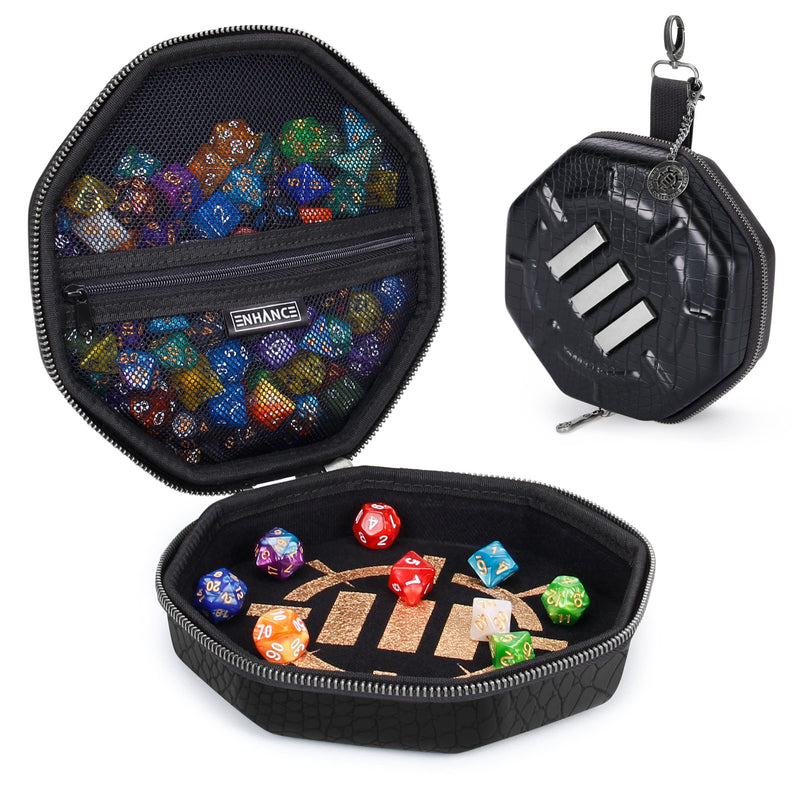 ENHANCE DnD Dice Tray and Case - Collector's Edition DnD Dice Holder up to 150 D&D Shakers with Hard Shell Exterior and Protective Soft Interior - Rolling Tray Perfect for Game Night (Dragon Black