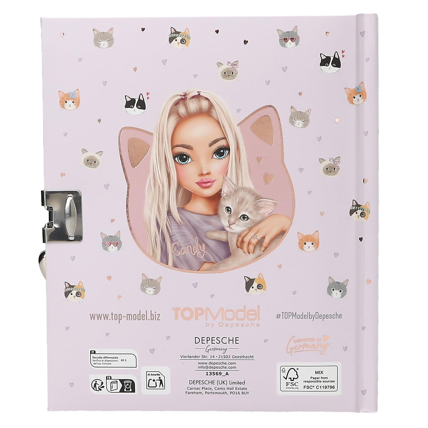 Depesche TOPModel Kitty and Doggy 13569 Diary with Heart Lock and Key, Purple Book with Model Motif, Cat Pattern and 192 Lined Pages