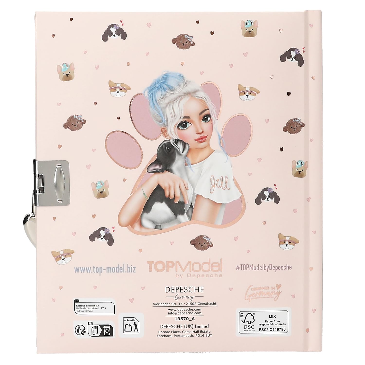 Depesche TOPModel Kitty and Doggy 13570 Diary with Heart Lock and Key, Pink Book with Model Motif, Dog Pattern and 192 Lined Pages