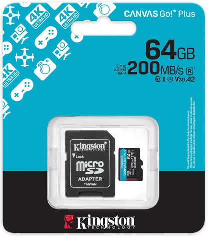 Kingston Canvas Go Plus microSDXC Memory Card Gen4 200MB/s A2 U3 V30 64GB Card + Adapter-SDCG4/64GB