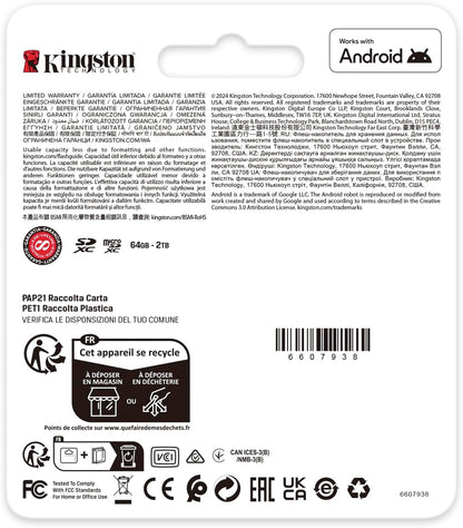 Kingston Canvas Go Plus microSDXC Memory Card Gen4 200MB/s A2 U3 V30 64GB Card + Adapter-SDCG4/64GB