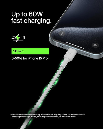 Belkin BoostCharge (6.6ft) Braided USB-C to USB-C Cable for iPhone 16, iPhone 16 Pro, iPhone 16 Pro Max, iPhone 16 Plus, iPhone 15, Galaxy S24, S23, Note10, Pixel 9, Pixel 8, iPad Pro & More