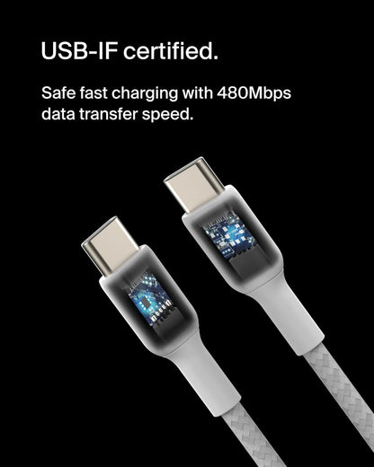Belkin BoostCharge (6.6ft) Braided USB-C to USB-C Cable for iPhone 16, iPhone 16 Pro, iPhone 16 Pro Max, iPhone 16 Plus, iPhone 15, Galaxy S24, S23, Note10, Pixel 9, Pixel 8, iPad Pro & More