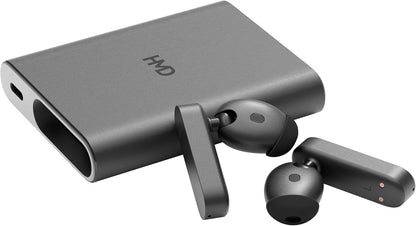 Amped Buds Wireless Bluetooth In-Ear Headphones with Integrated Power Bank (Hybrid ANC, ENC, Up to 95 Hours Playback Time, USB-C, IP54) Black