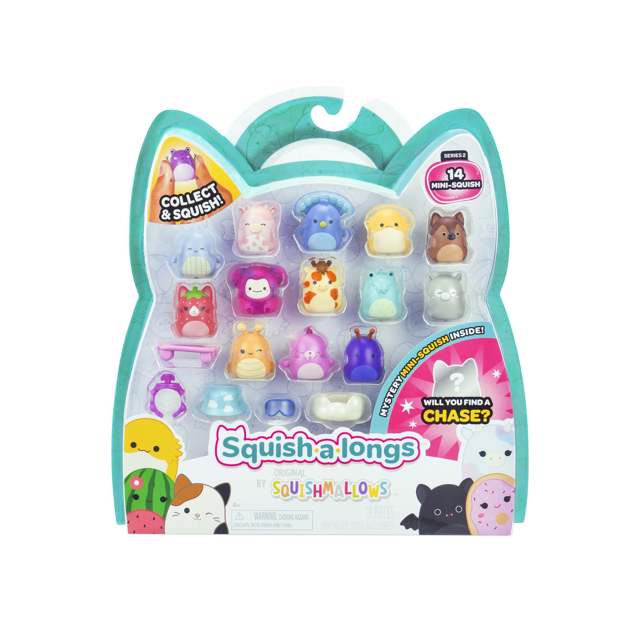 Squish-a-longs 14 Pack - Series 2, Wave 2 - (14) 1” Mini-Squish with (4) Accessories, (1) Ring Attachment, and (1) Collector’s Guide - Collect, Trade, & Play