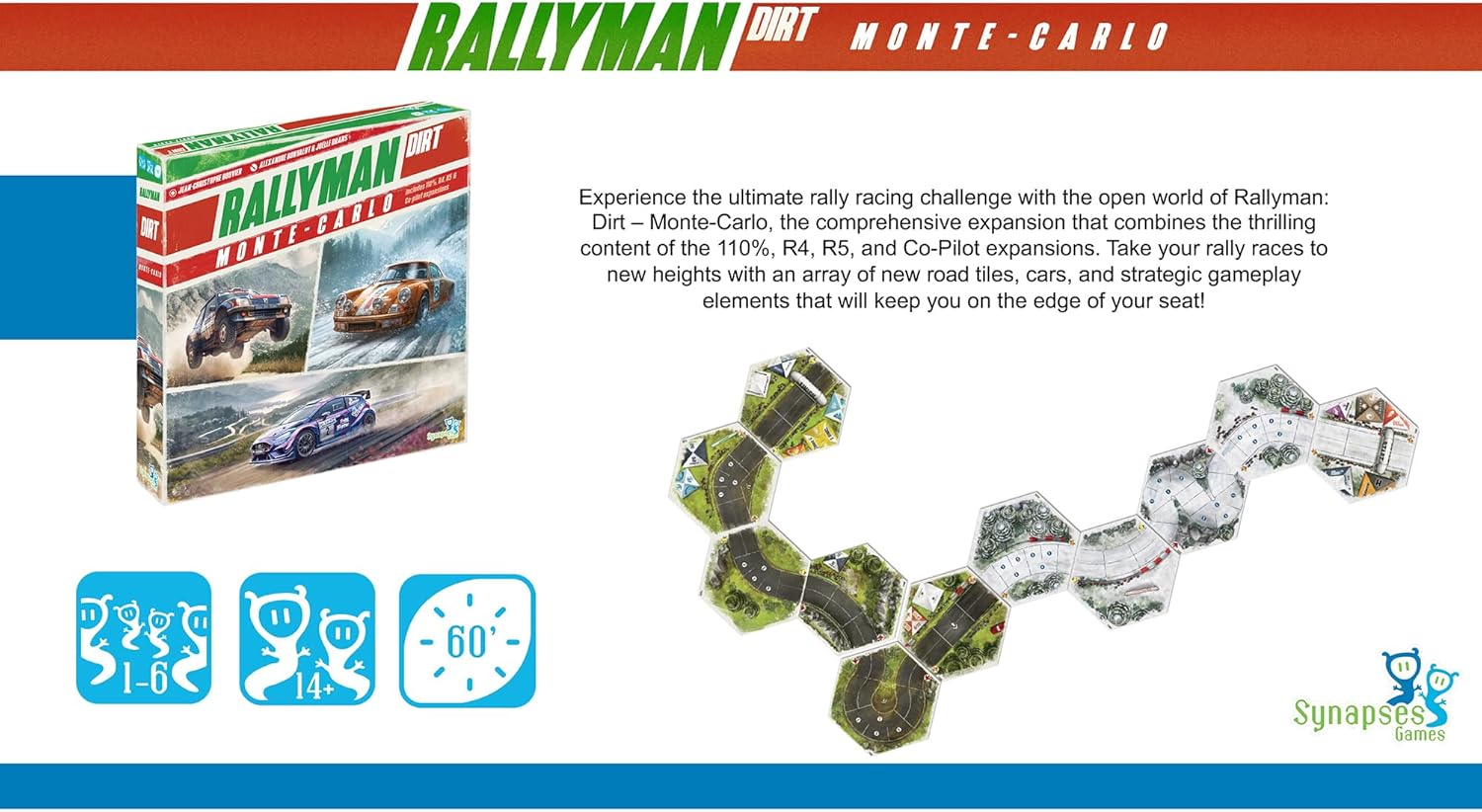 Synapses Games | Rallyman: Dirt Monte Carlo | Expansion | Dice Rolling Board Game | Push Your Luck Game |Ages 14+ | 1 to 6 Players | 60+ Minutes