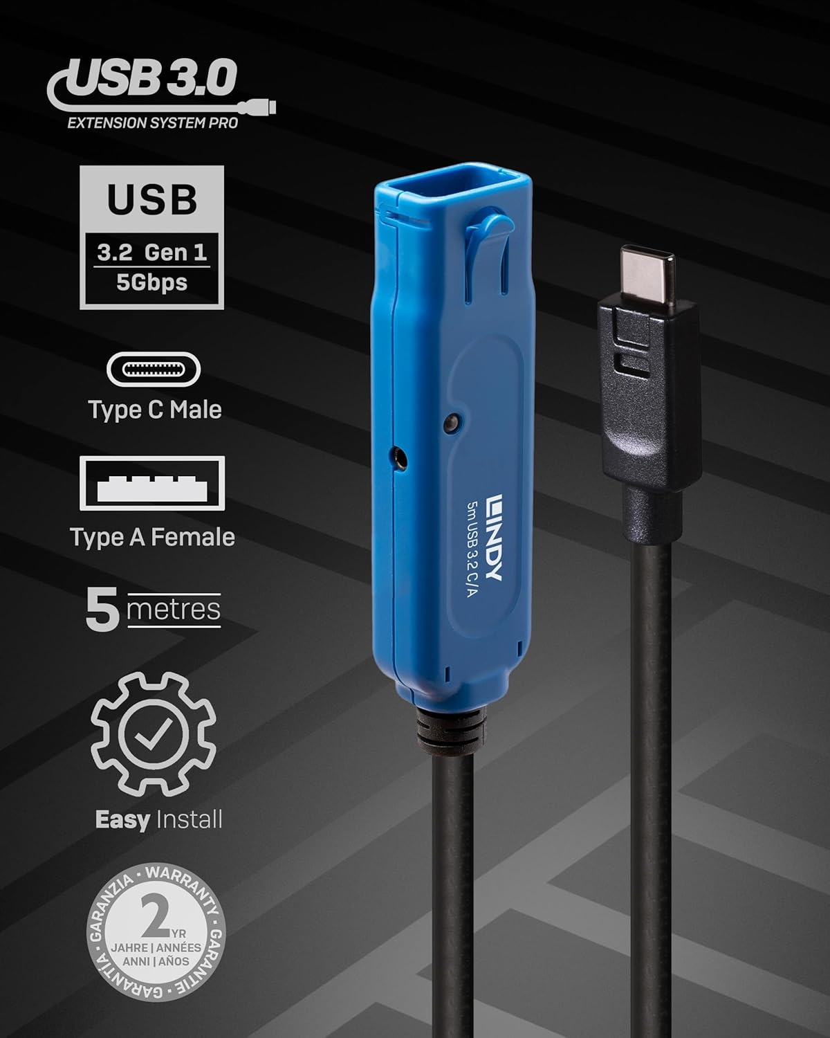 LINDY 5m USB 3.2 Gen 1 Type C to A, Active Extension Cable Pro, Long Distance USB Connection, PCs, Macs, Laptops, MacBook, Tablet, Smartphone, PS5, VR Headset, Printer, Webcam, Ext Drive etc.