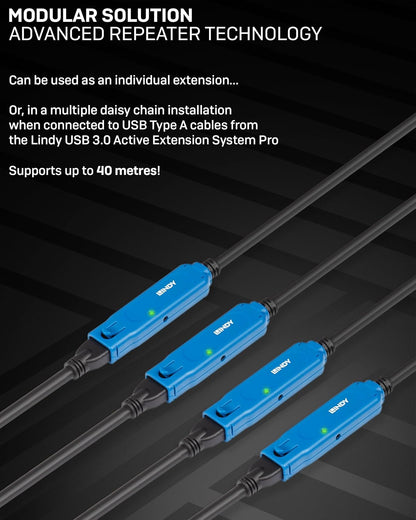 LINDY 5m USB 3.2 Gen 1 Type C to A, Active Extension Cable Pro, Long Distance USB Connection, PCs, Macs, Laptops, MacBook, Tablet, Smartphone, PS5, VR Headset, Printer, Webcam, Ext Drive etc.