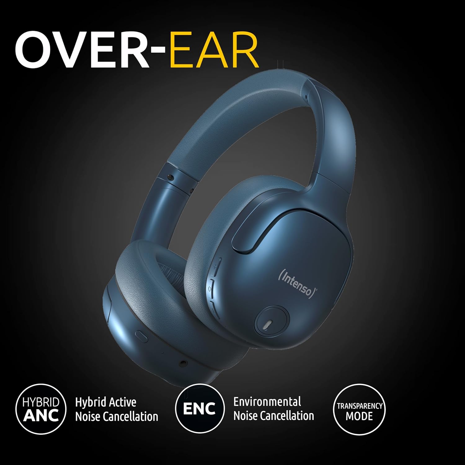Intenso O400HA Over-Ear Headphones - Hybrid Active Noise Cancelling, up to 75 Hours Runtime and Bluetooth 5.3, with Music Mode, Transparency Mode and Fast Charging Time, Blue