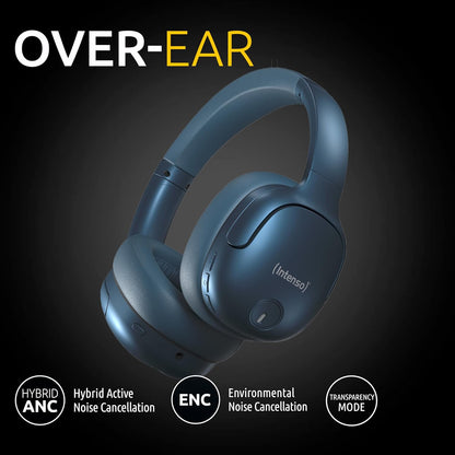 Intenso O400HA Over-Ear Headphones - Hybrid Active Noise Cancelling, up to 75 Hours Runtime and Bluetooth 5.3, with Music Mode, Transparency Mode and Fast Charging Time, Blue