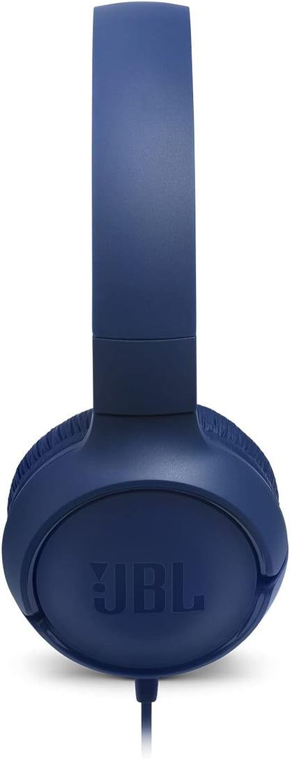 JBL Tune 500 Cuffie Sovraurali, Cuffia On Ear con Microfono e Comando Remoto ad 1 Pulsante, JBL Pure Bass Sound, Compatibile con Siri e Google, Leggere e Pieghevoli, Da Viaggio, Blu