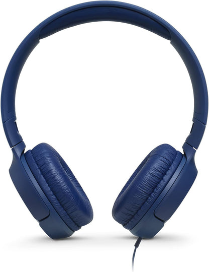 JBL Tune 500 Cuffie Sovraurali, Cuffia On Ear con Microfono e Comando Remoto ad 1 Pulsante, JBL Pure Bass Sound, Compatibile con Siri e Google, Leggere e Pieghevoli, Da Viaggio, Blu