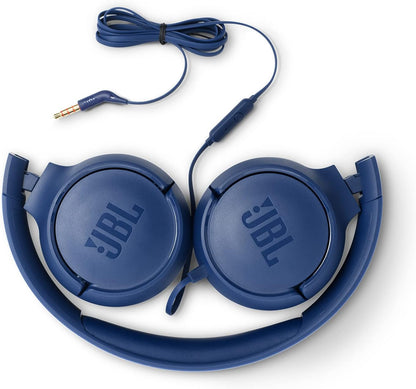 JBL Tune 500 Cuffie Sovraurali, Cuffia On Ear con Microfono e Comando Remoto ad 1 Pulsante, JBL Pure Bass Sound, Compatibile con Siri e Google, Leggere e Pieghevoli, Da Viaggio, Blu
