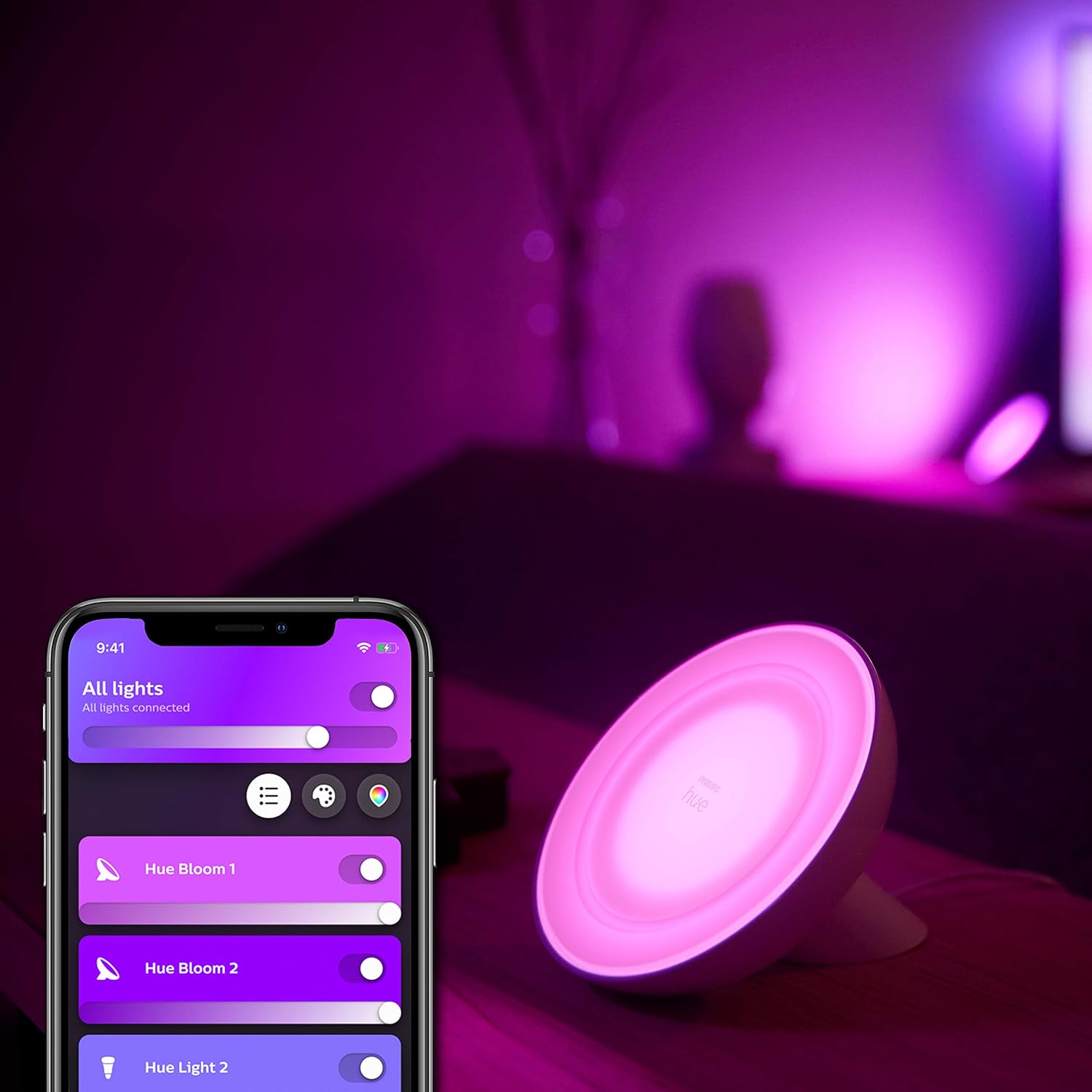 Philips Hue Bloom White and Colour Ambiance  Smart LED Table Lamp, with Bluetooth Works with Alexa and Google Assistant, 7 watts & Bridge. Smart Home Automation
