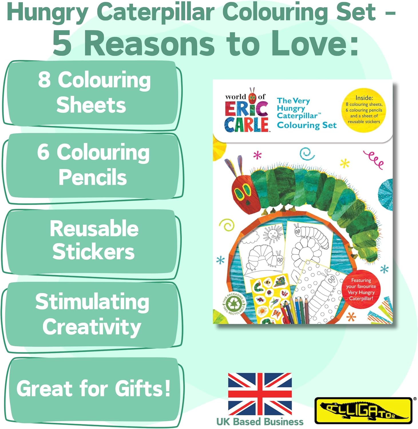 ALLIGATOR - The Very Hungry Caterpillar Colouring Set, Colouring Books for Children, Colouring Pencils, Resusable Stickers, Hungry Caterpillar Colouring Book, Colouring Books, Kids Colouring Books