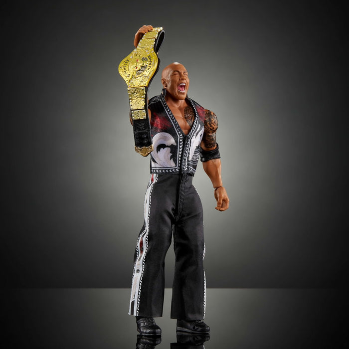 Mattel WWE Ultimate Edition - Figura de acción y accesorios, juego coleccionable The Rock de 6 pulgadas, cabezas y manos intercambiables, 30 puntos de articulación