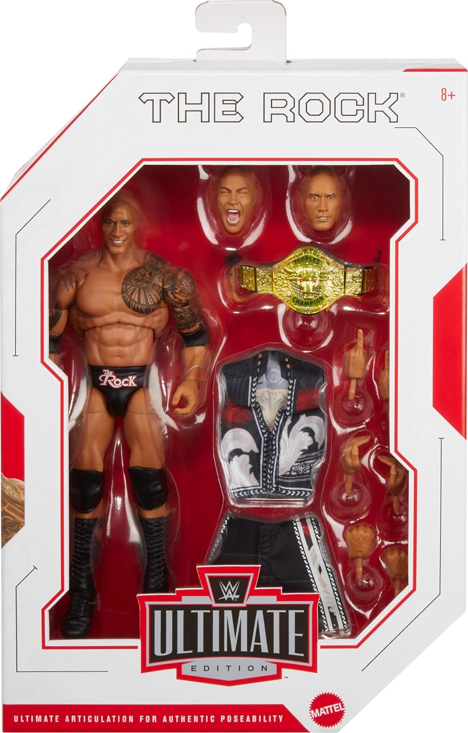 Mattel WWE Ultimate Edition - Figura de acción y accesorios, juego coleccionable The Rock de 6 pulgadas, cabezas y manos intercambiables, 30 puntos de articulación
