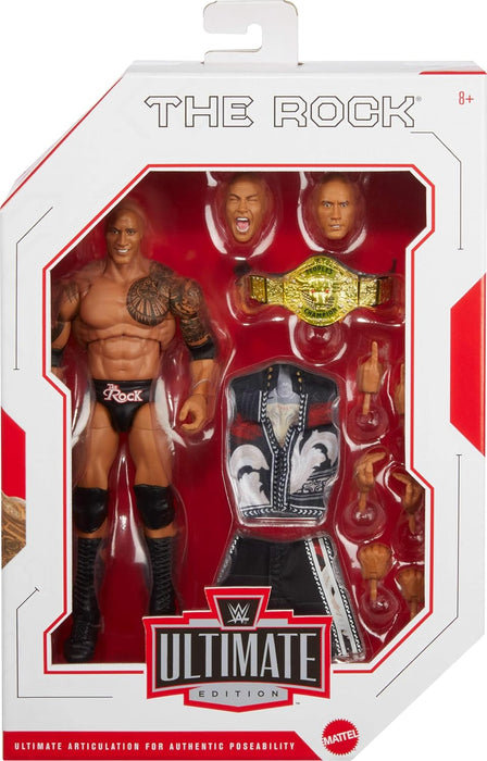 Mattel WWE Ultimate Edition - Figura de acción y accesorios, juego coleccionable The Rock de 6 pulgadas, cabezas y manos intercambiables, 30 puntos de articulación