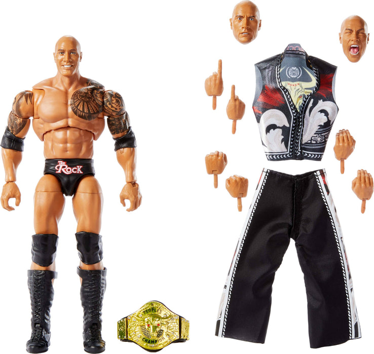 Mattel WWE Ultimate Edition - Figura de acción y accesorios, juego coleccionable The Rock de 6 pulgadas, cabezas y manos intercambiables, 30 puntos de articulación