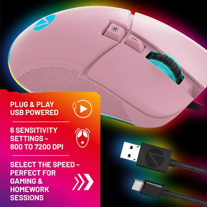 STEALTH Pastel Pink LED Light-Up 7-Button Gaming Mouse - Compatible with Gaming Consoles & PC