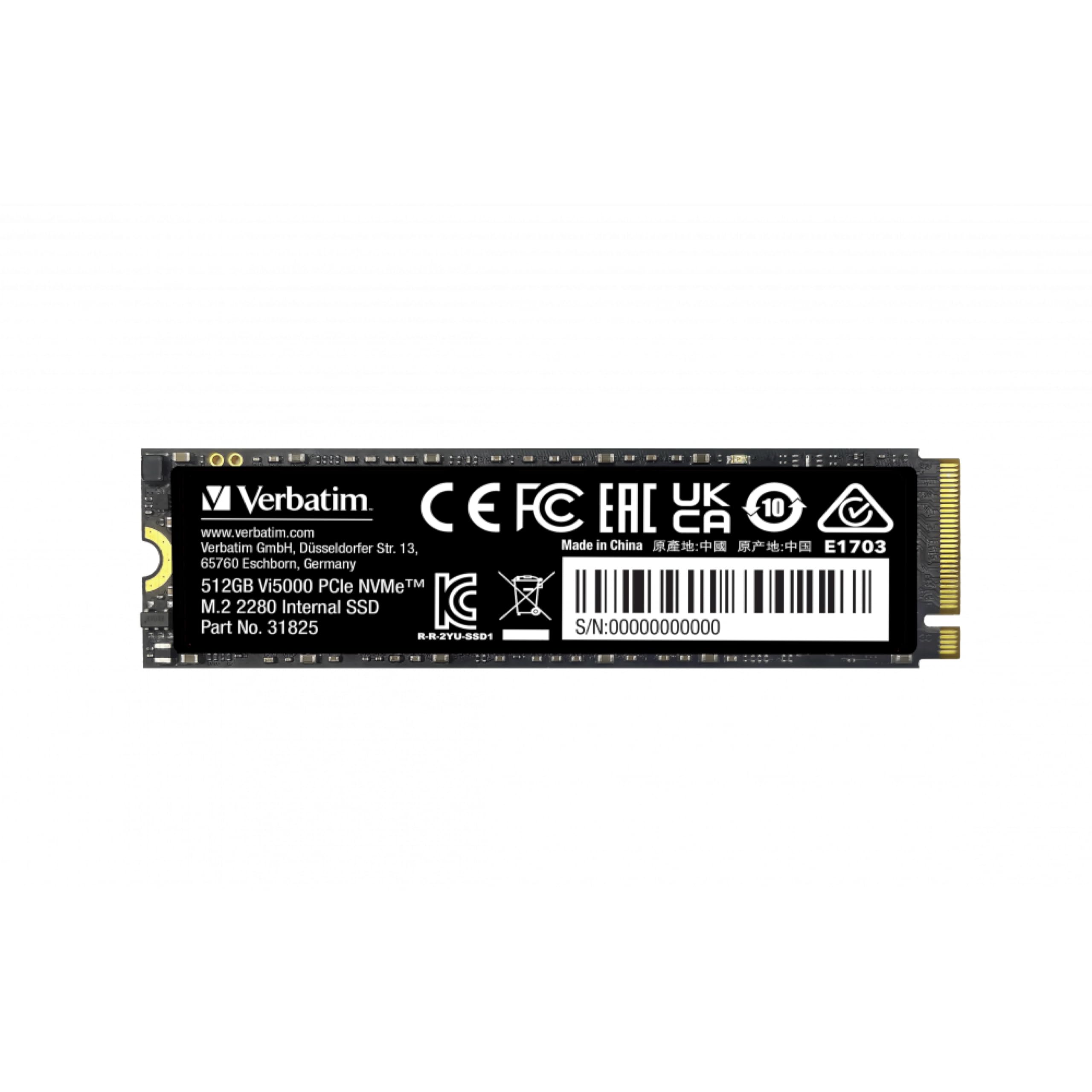 Verbatim Vi5000 NVMe M.2 - Unidad SSD Interna con 512 GB de Almacenamiento de Datos e Interfaz PCIe Gen 4, Unidad de Estado sólido para PC de Juegos y PlayStation 5, Color Negro