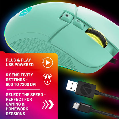 STEALTH Pastel Green LED Light-Up 7-Button Gaming Mouse - Comaptible with Gaming Consoles and PC
