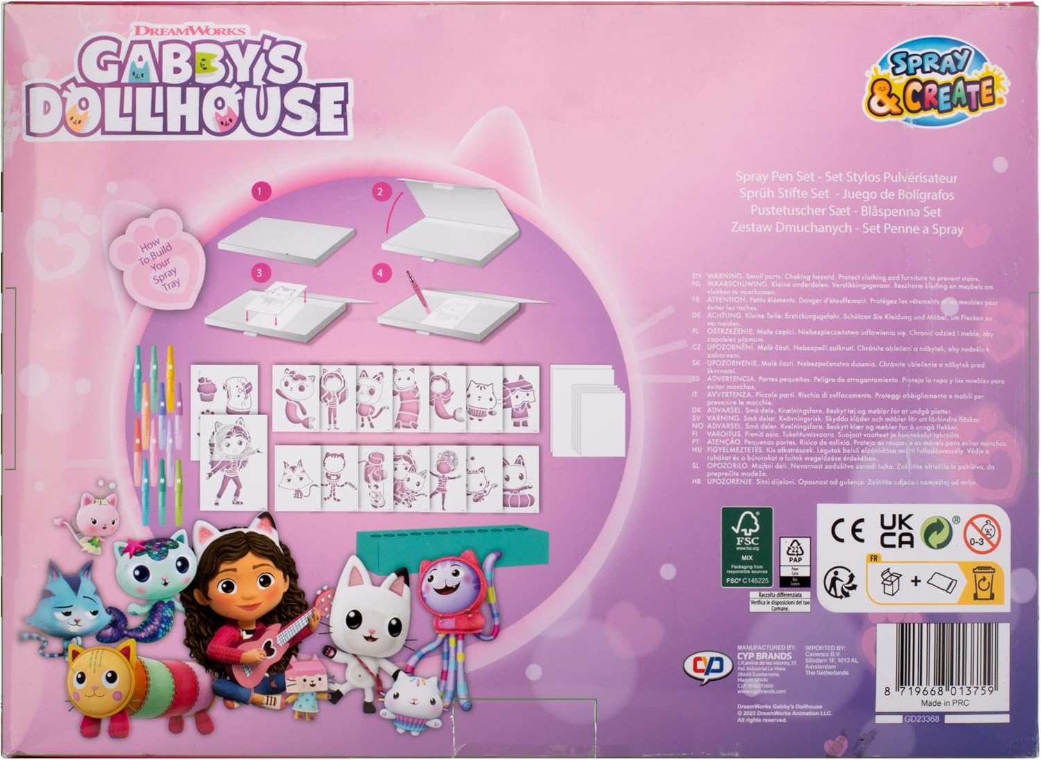 Gabby's Dollhouse - Set di penne spray - Matite da colorare per bambini - Set da colorare con matite colorate e pagine da colorare, GD23368