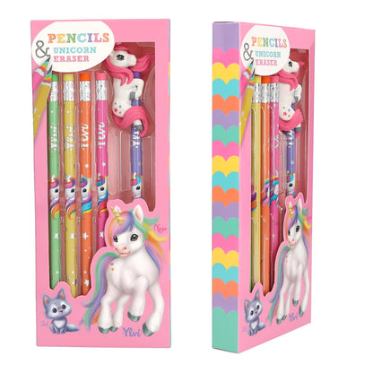 Depesche 12861 Ylvi Regenboogpotloodset, 5 pennen in verschillende ontwerpen, elk met gum, inclusief extra eenhoorngum