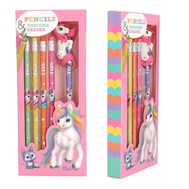 Depesche 12861 Ylvi Regenboogpotloodset, 5 pennen in verschillende ontwerpen, elk met gum, inclusief extra eenhoorngum