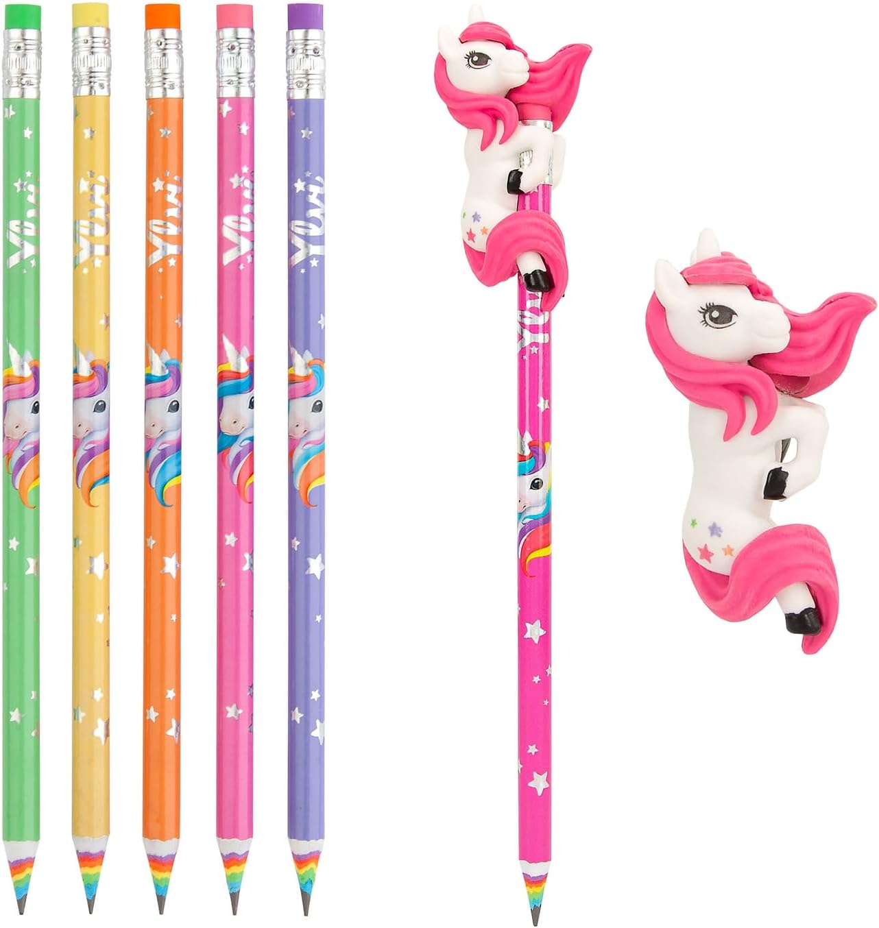 Depesche 12861 Ylvi Regenboogpotloodset, 5 pennen in verschillende ontwerpen, elk met gum, inclusief extra eenhoorngum