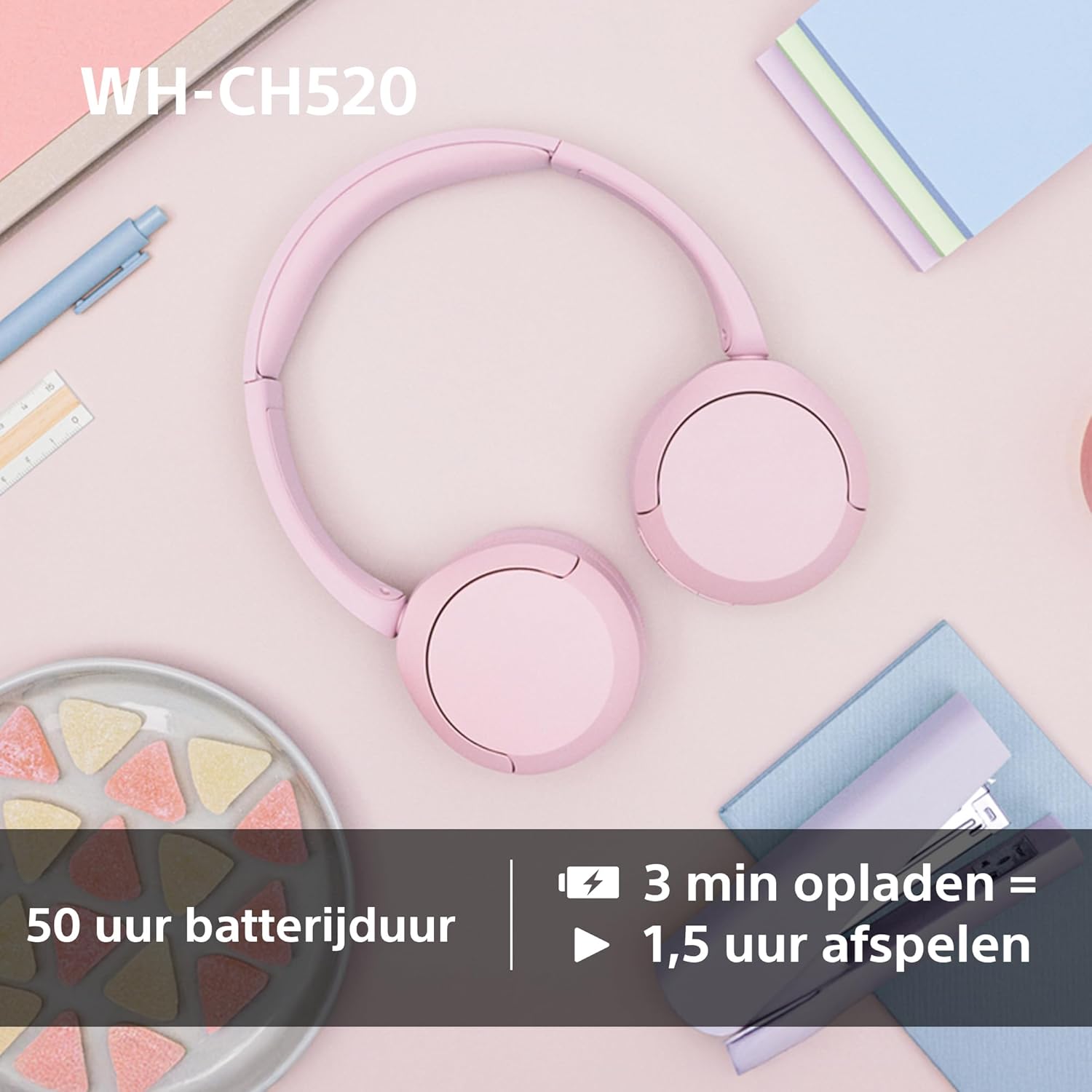 Sony WH-CH520 Wireless Bluetooth On-Ear Headphones, Sound, Lightweight Design, Up to 50hr Battery Life, Quick Charge, EQ, Clear Call Quality, iOS & Android