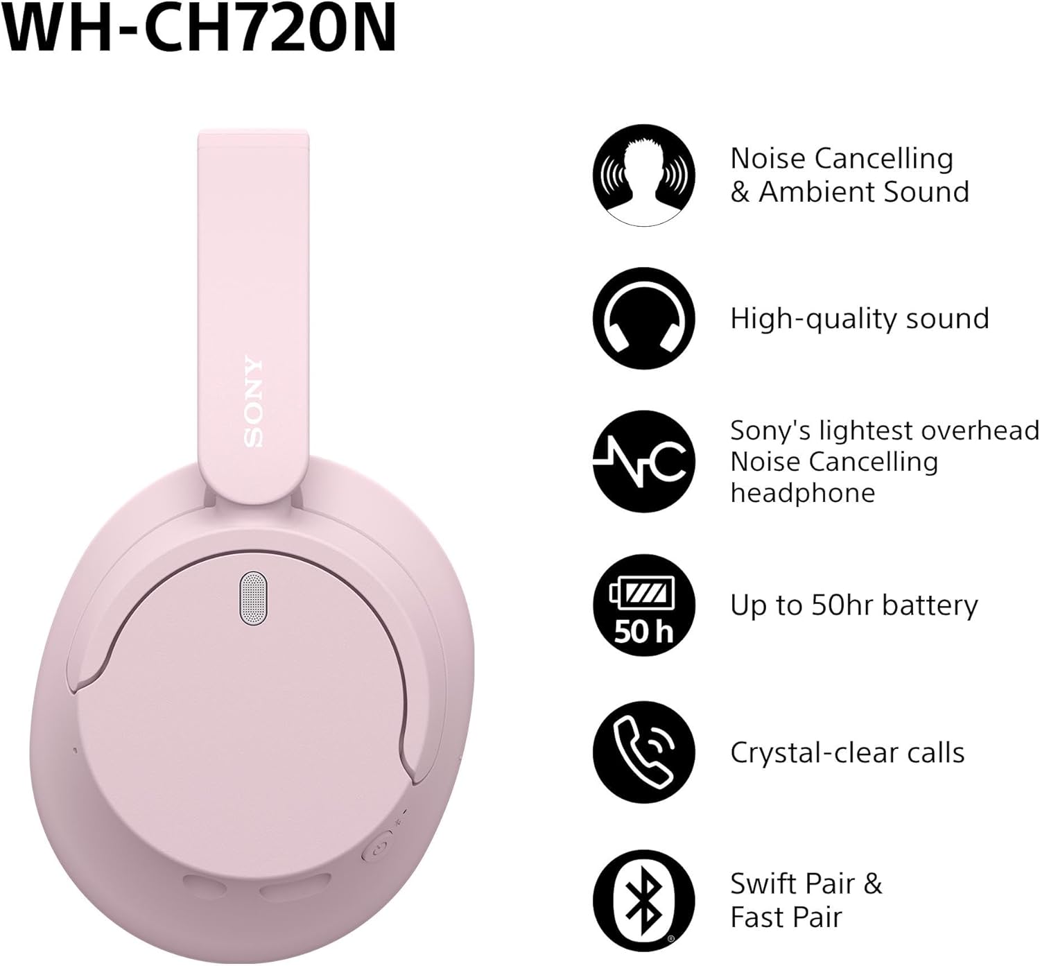 Sony WH-CH720N Wireless Bluetooth Noise Cancelling Over-Ear Headphones, Sound, Ambient Sound Mode, Lightweight Design, up to 50 hr battery life, iOS & Android
