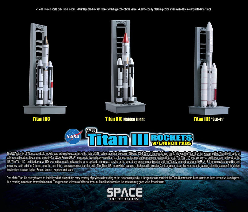 Dragon Models Titan III raketten met lanceerpads ruimteraketten, set van 3, schaal 1:400