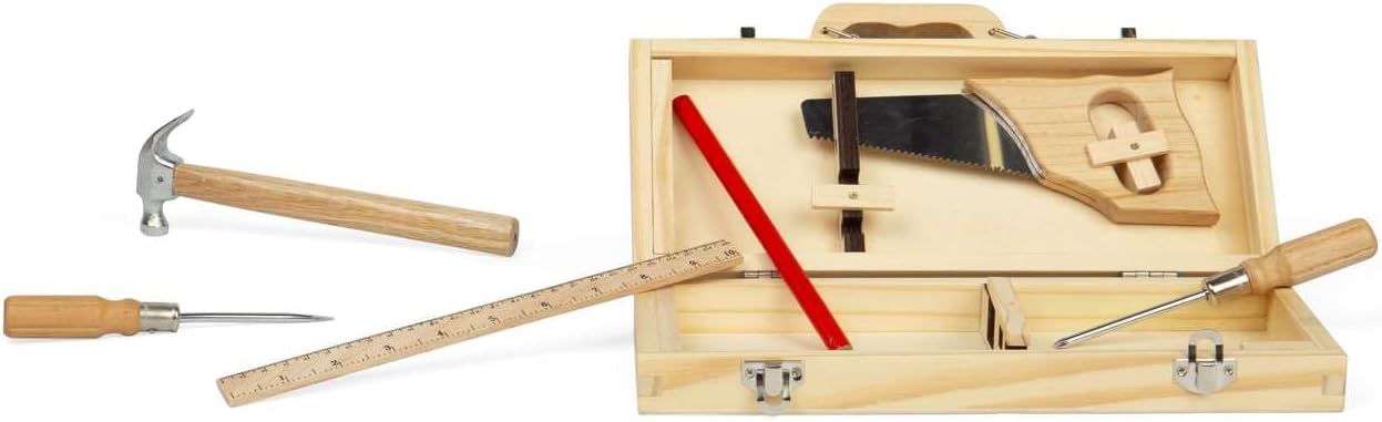 Bigjigs Toys Caja de herramientas de bricolaje – 6 herramientas de madera para niños, kits de construcción reales aptos para niños, juegos de regalo ecológicos para niñas y niños, a partir de 5 años