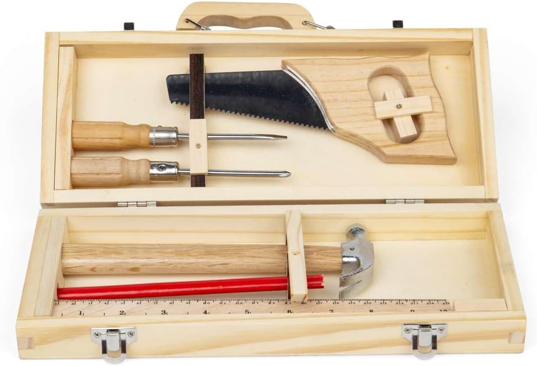 Bigjigs Toys Caja de herramientas de bricolaje – 6 herramientas de madera para niños, kits de construcción reales aptos para niños, juegos de regalo ecológicos para niñas y niños, a partir de 5 años