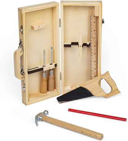Bigjigs Toys Caja de herramientas de bricolaje – 6 herramientas de madera para niños, kits de construcción reales aptos para niños, juegos de regalo ecológicos para niñas y niños, a partir de 5 años